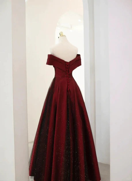 A-line Off Shoulder Wine Red Tulle Long Party Dress